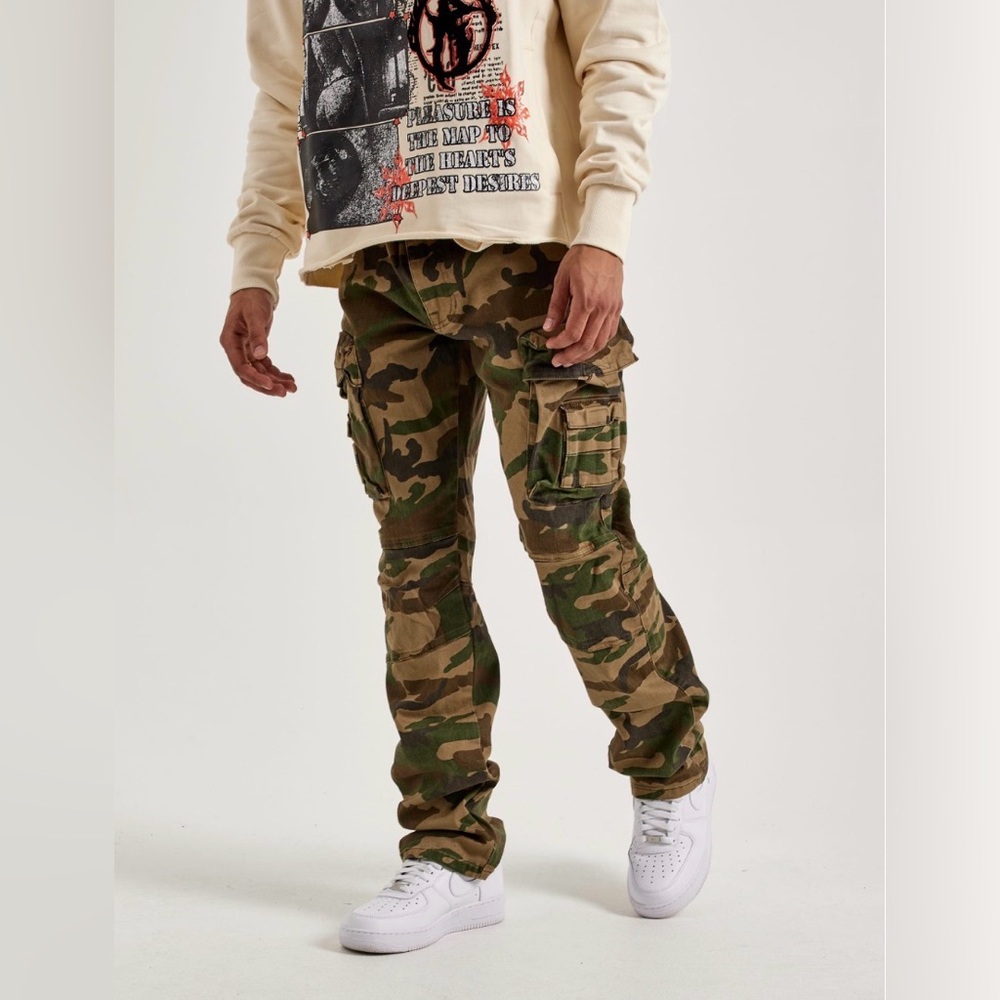 Smoke Rise Mens Woodland‎ Camo Slim Cargo Pants 44x32 Military Utility Trousers